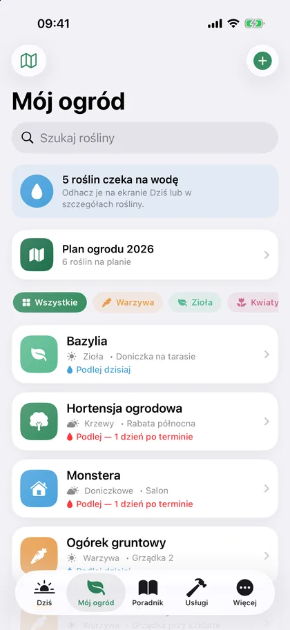 Ekran Mój ogród: lista roślin z informacją, kiedy je podlać