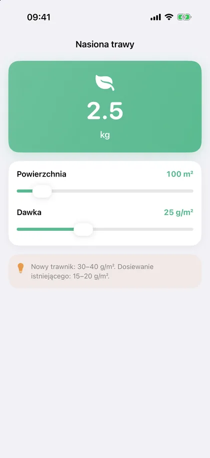 Kalkulator nasion trawy: 100 metrów kwadratowych i 25 gramów na metr dają 2,5 kg